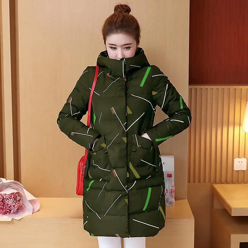 

Women's Mid-length Most New Style Thick Korean-style Large Size Loose-Fit Hooded Cotton-padded Clothes Printed Winter Coat Jacke