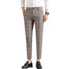 Мужские зимние клетчатые брюки, деловые повседневные облегающие брюки, мужские свадебные повседневные брюки/штаны, девять точек, клетчатые брюки