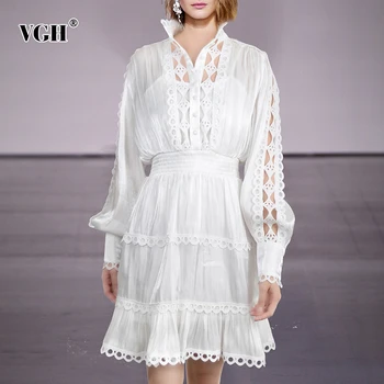 

VGH Elegant Dress Female Lantern Long Sleeve Hollow Out Stand Collar Patchwork Lace Women's Dresses 2020 Fashion Clothing Tide