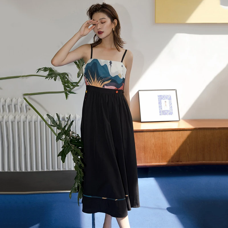 [EAM] Women Black Pattern Printed Long Spaghetti Strap Dress New Sleeveless Loose Fit Fashion Tide Spring Summer 2020 1DA358