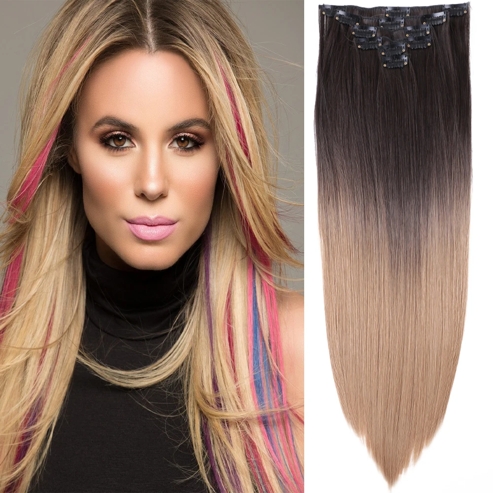 

Mtmei Hair Ombre Brown Long Straight 12 Clip In Hair Extensions High Temperature Fiber Natural Wavy Fake False Hair Piece Women
