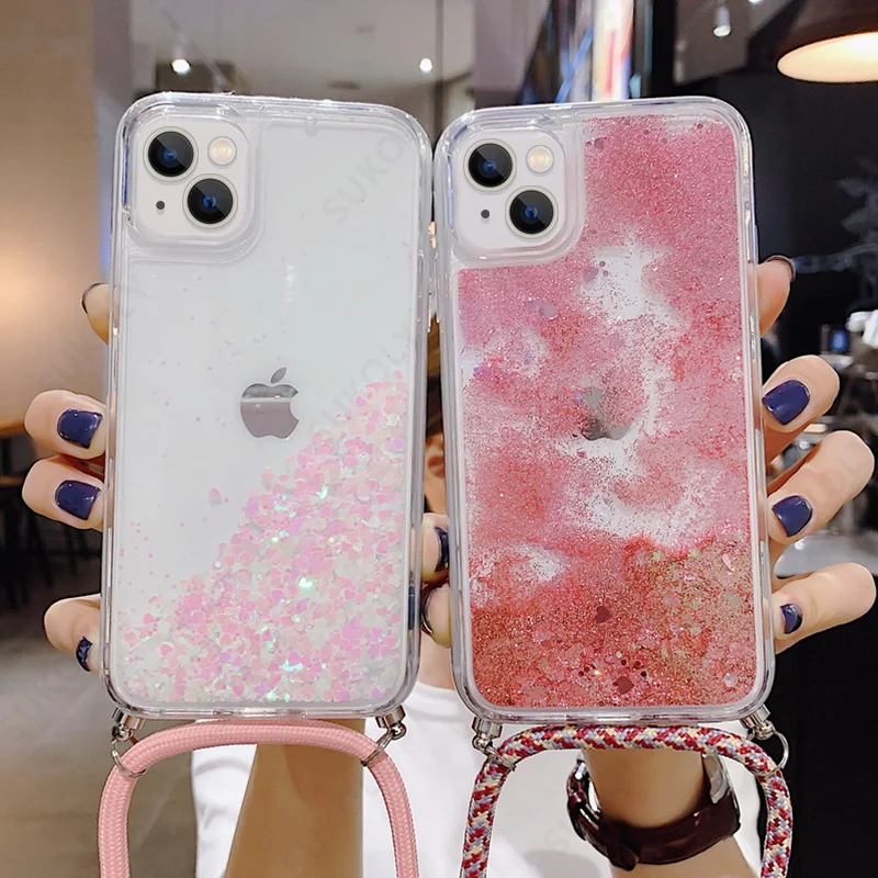 

Liquid Quicksand Phone Case Crossbody Necklace Cord Lanyard With Rope For iphone 15 Pro 13 12 Pro Max XR XS 11 14 Plus Cover