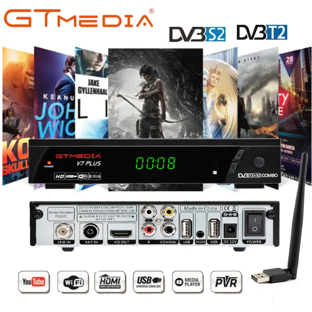 GTMEDIA V7 PLUS 1080P Full HD DVB-S/S2+ T/T2 поддержка H.265 Newam Youtube USB Wifi VS Бесплатный комплект V7 COMBO