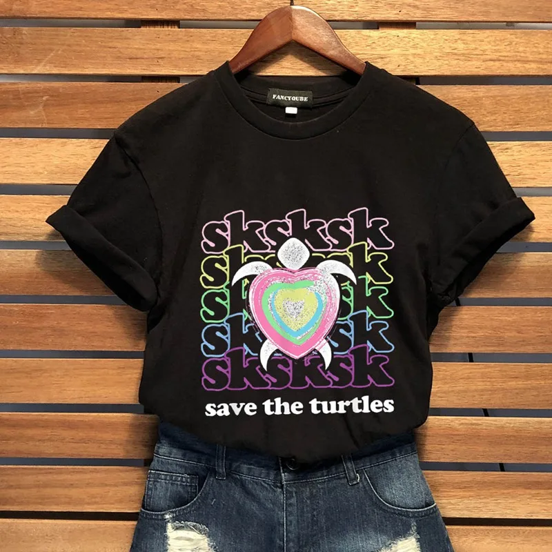 SKSKSK/футболка с надписью «Save The Turtles», Женская Винтажная футболка с коротким рукавом и круглым вырезом