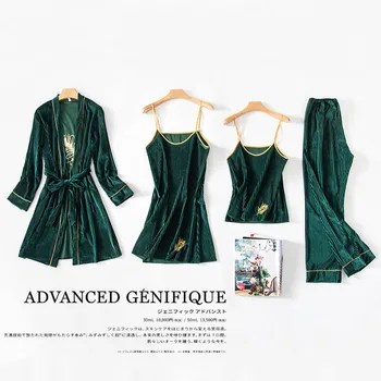 

2020 New Fashion 4 Pieces Pajamas For Women Sexy Gold Velvet Pajamas Set Long Sleeve embroidery Home Service Warm Loungewear