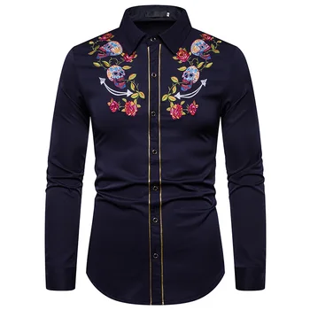 

Men's western-style single-breasted pointed collar skull embroidery with rose embroidery casual fashion four seasons shirt