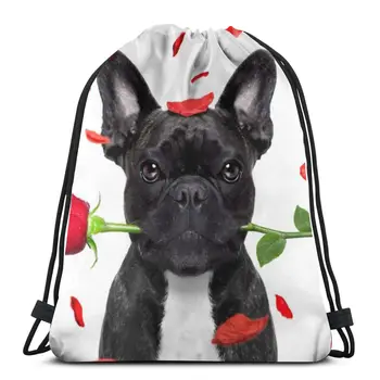 

Bulldog Dog With Rose Petals Flying On Valentines Day Bag Outdoor Fitness Drawstring Beam Mouth Backpack Sports Bag
