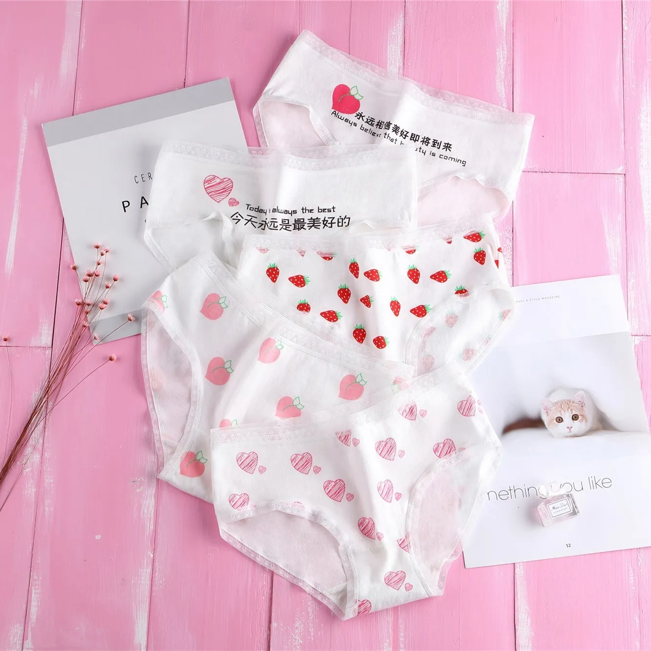3PCS Japanese Women Lace Edge Underwear Cartoon Pattern Letter Small Fresh Panties Middle Waist White Underwear Soft Girl NEW