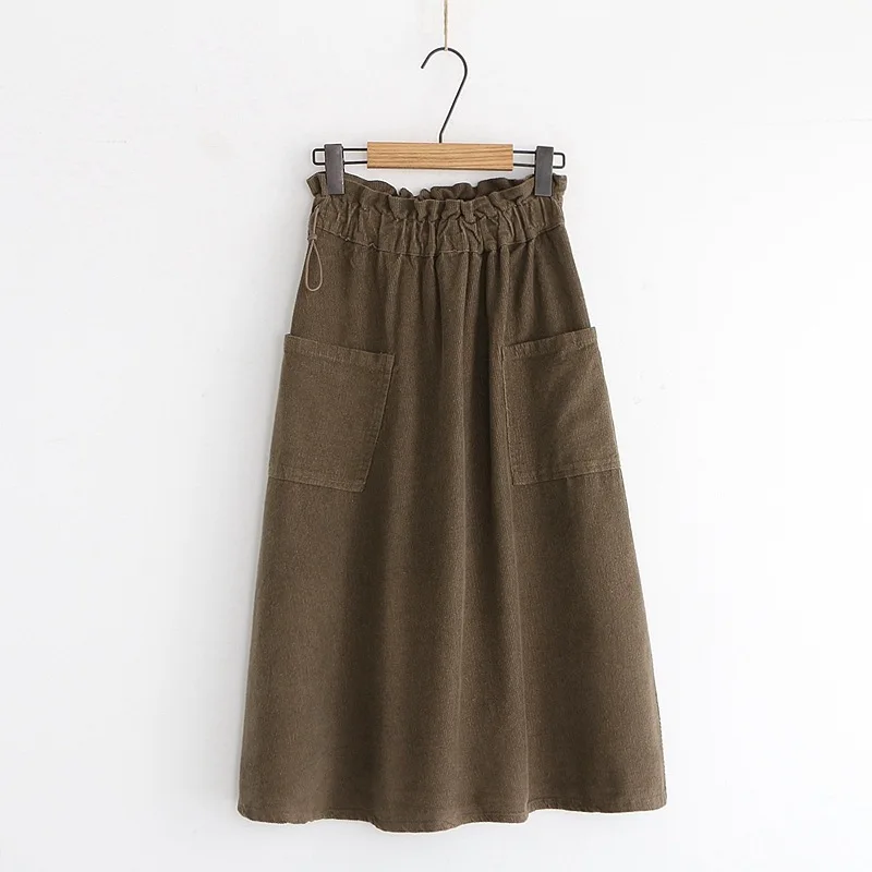 

Japanese-style Autumn New Style Lace-up Elastic Waist Large Pocket Workwear Skirt Versatile Corduroy A- line Skirt S29235