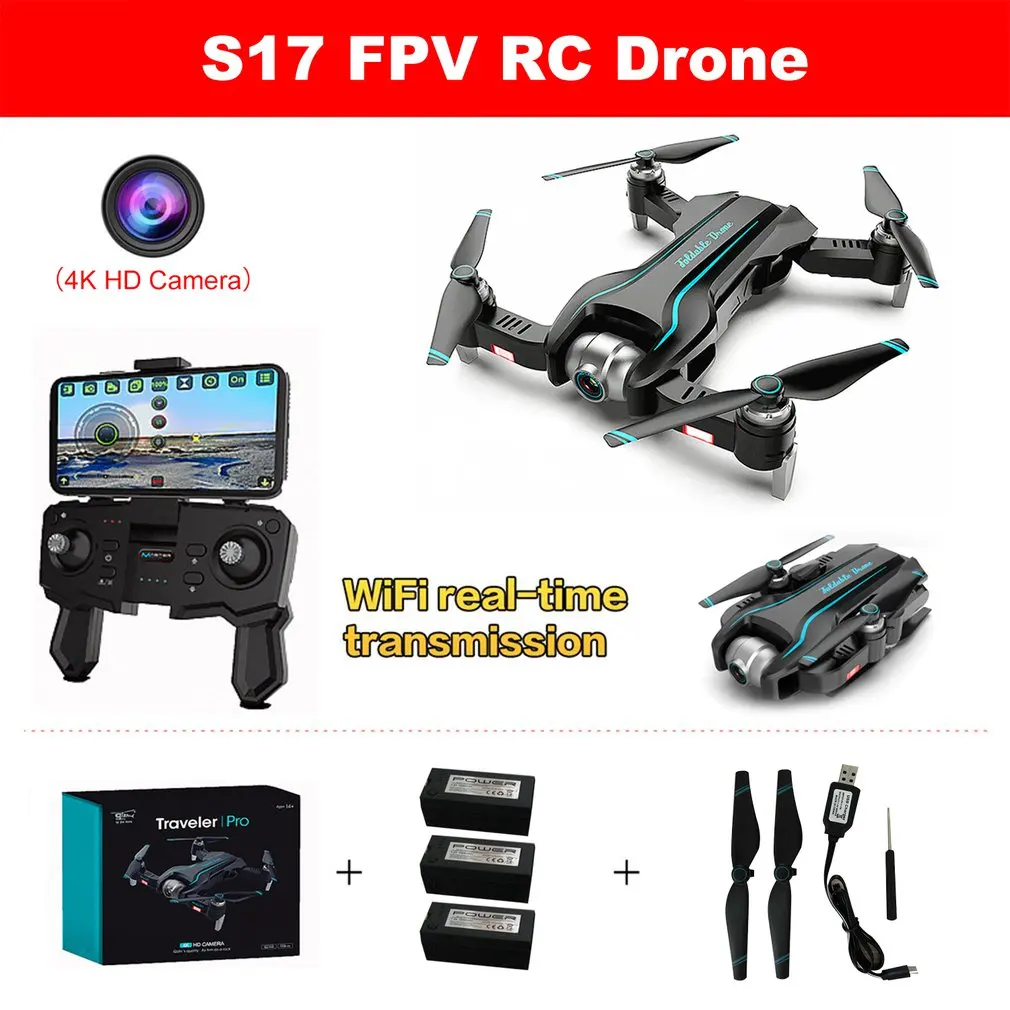 S17 RC Drone 4K двойная камера HD воздушная видео оптическое позиционирование потока один ключ Возврат Регулируемый угол камеры Вертолет игрушки - Цвет: 3 Battery Box