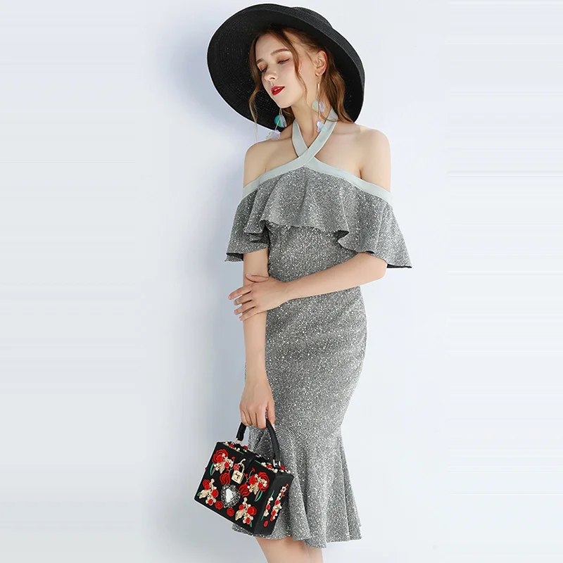 Вечернее платье с открытыми плечами Robe De Soiree, сексуальное женское вечернее платье с бретельками, с оборками, с коротким рукавом, вечерние платья F235