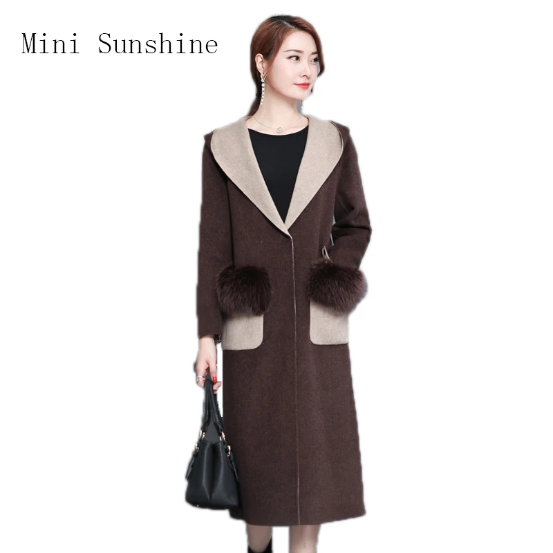 

Autumn Women Wool Coat Brown Hooded Full Sleeve Winter Warm Female Long Cloaks Outwear Back Lace Up Wool Coat z30