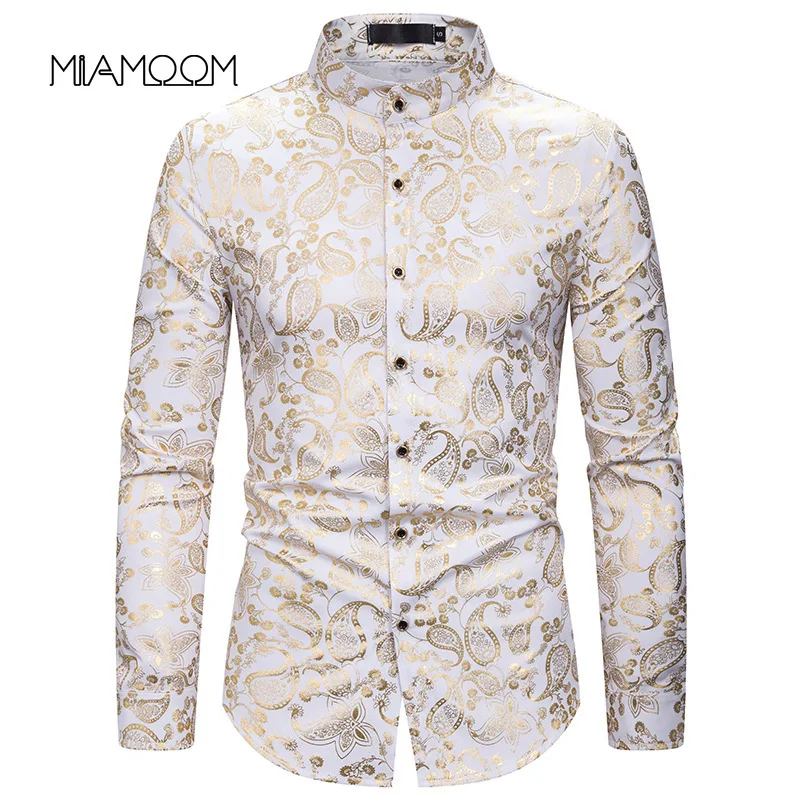 

MIAMOOM Mens Shirts Cashew Print Nightclub Men's Shirt European Size Men's Long Sleeve Bronzed Shirt Camisa Masculina
