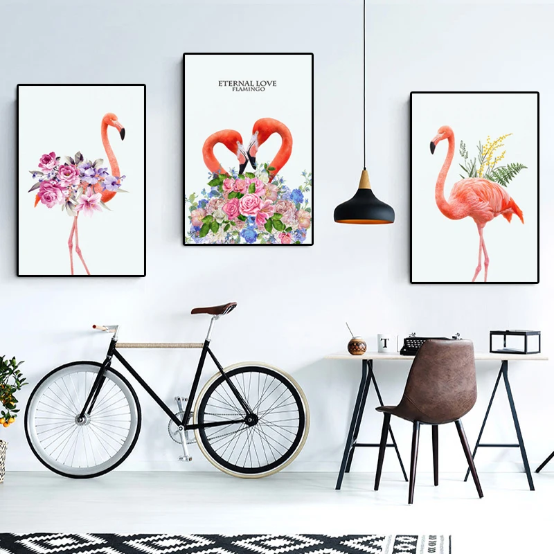 

Nordic Style Canvas Painting Animal Prints Pink Flamingo with Flowers Oil Painting Wall Pictures for Living Room Decor Cuadros