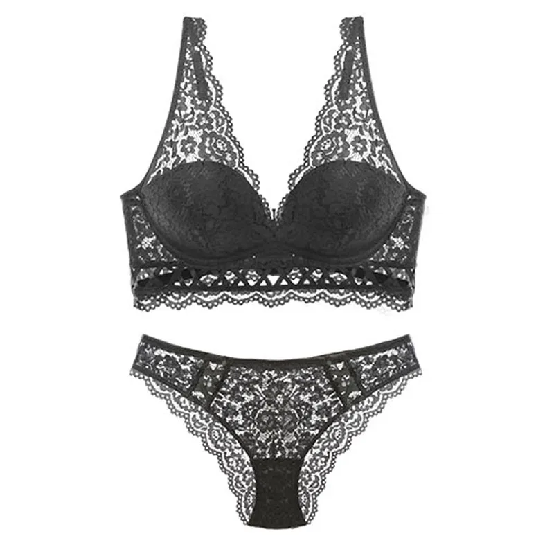 New Sexy Bandage Underwear Set Push up Bra Set Embroidery Women Lingerie High Quality Lingerie Set 3/4 Cup Lace Brassiere lace bra panty set Bra & Brief Sets