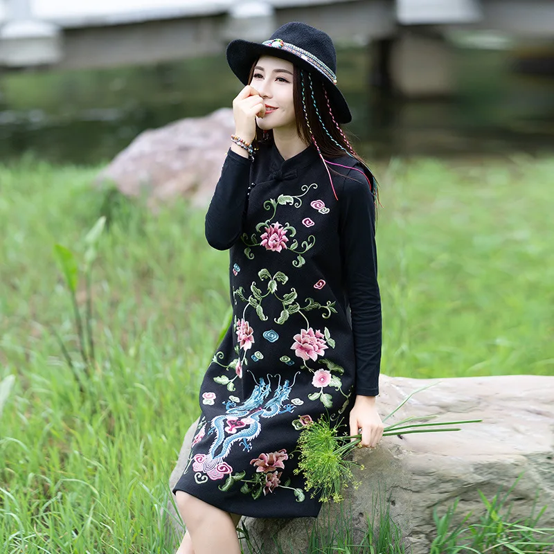 

A6485 Feimina 2018 New Style WOMEN'S Dress National Wind Embroidery Stand Collar Wool Mid-length Waistcoat