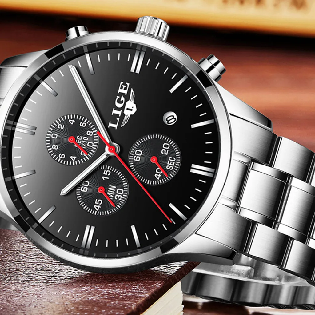 Мужские деловые кварцевые часы с хронографом и календарем, водонепроницаемые наручные часы с сетчатым ремешком, роскошные часы с большим циферблатом, подарок для мужчин, черный цвет