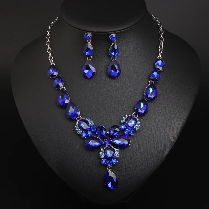 

Blue Crystal African Jewelry Sets Silver Color Geometric Rhinestone Bridal Necklace Sets for Wedding Party Christmas Gifts