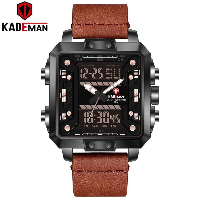 K6153-B-RG-T Новые роскошные квадратные часы мужские спортивные водонепроницаемые военные наручные часы Лидирующий бренд KADEMAN Dual Move Мужские t повседневные кожаные часы Relogio - Цвет: K6153-B-RG-T