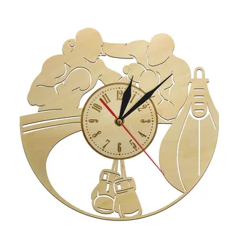 

Boxing Arena Fighting Boxers Wooden Rustic Wall Clock Boxing Gloves Boys Room Sports Wall Decor Vintage Silent Quartz Wall Watch