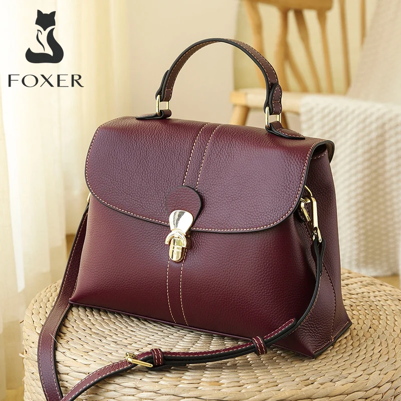 FOXER Large Capacity Ladies Commute Handle Bag Genuine Leather Women Soft Shoulder Bags Female Stylish Purse Lady Elegant Totes