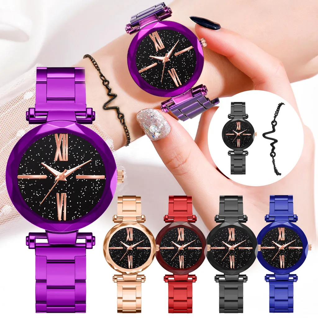 

Wristwatches Women Women's Quartz Shining Sky Strap Watch Analog Wrist Bracelet Watch Set Wristwatches For Ladies Dropshipping