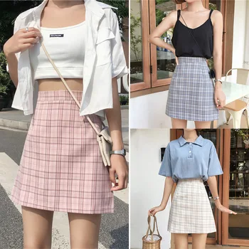 

Women Summer Mini skirt Vintage High Waist A-Line Skirts Plaid Print Skirt Casual skirt Dress