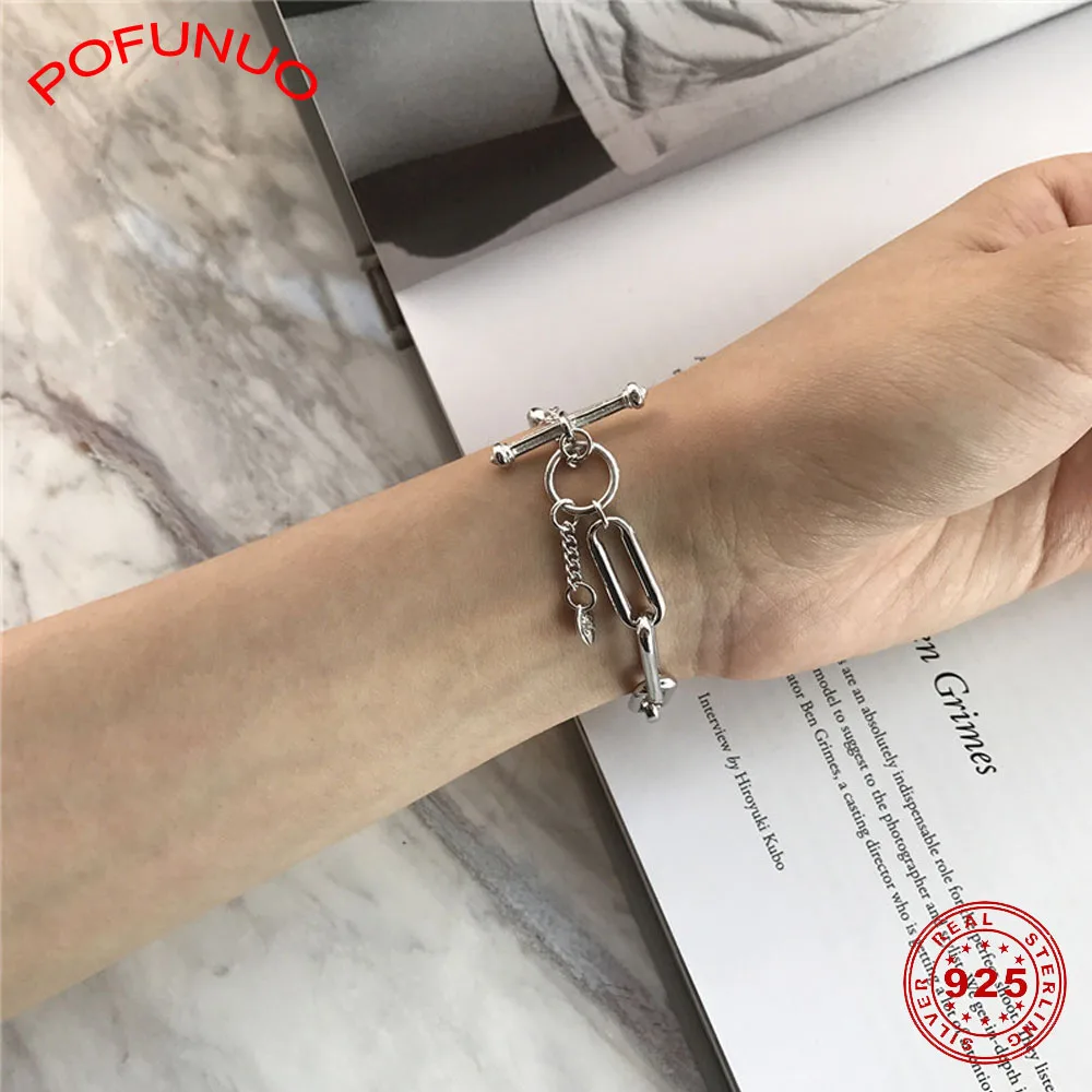 

POFUNUO Korean Fashion Trendy 925 Sterling Silver Bracelets Classic Chain Buckle Splicing OT Clasp Bracelets Lovers Fine Jewelry