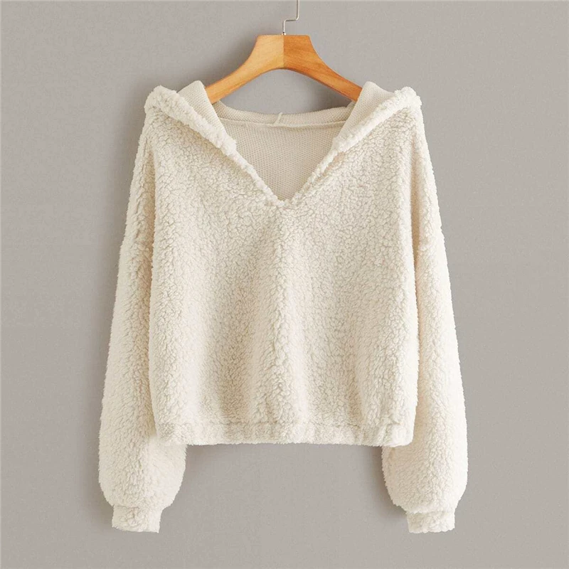 SHEIN однотонная толстовка с капюшоном и спущенным плечом, пуловер для женщин, Осень-зима, базовый v-образный вырез, укороченные повседневные толстовки