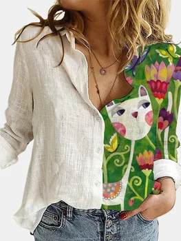 Lovely Cat Printed Polyester White Shirt Women Autumn Lapel Long Sleeves Single Breasted Blouses Female