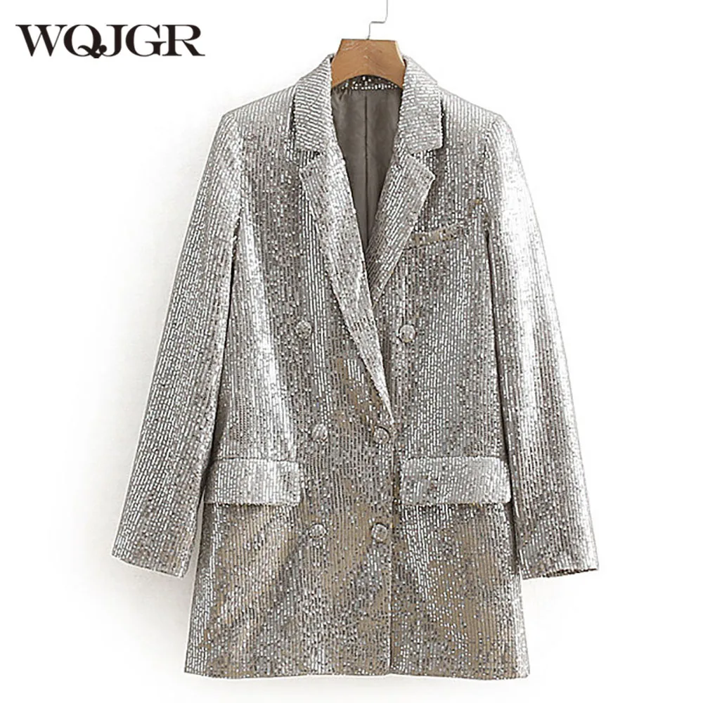 WQJGR Women's Blazer 2022 Spring Autumn Sequins Pockets Long Sleeve Outerwear Vintage Female Casual Design Jacket | Женская одежда
