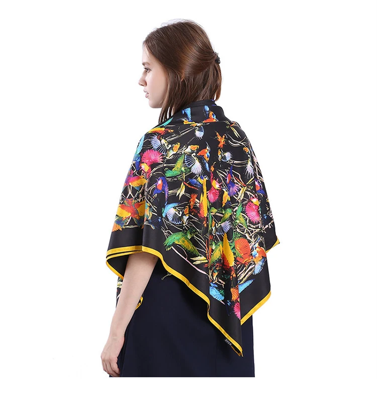 Женский шарф для путешествий с изображением птиц, пашмины, шаль, хиджаб, Femme Soie, платок-бандана, большой квадратный саржевый шелковый шарф 130 130 см