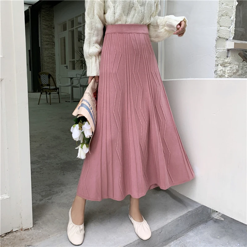 

Black Retro Korean Skirt Winter Autumn 2019 New Elegant Ladies Chic Pink Knitted Skirt High Waist Solid Color Midi Skirts Womens