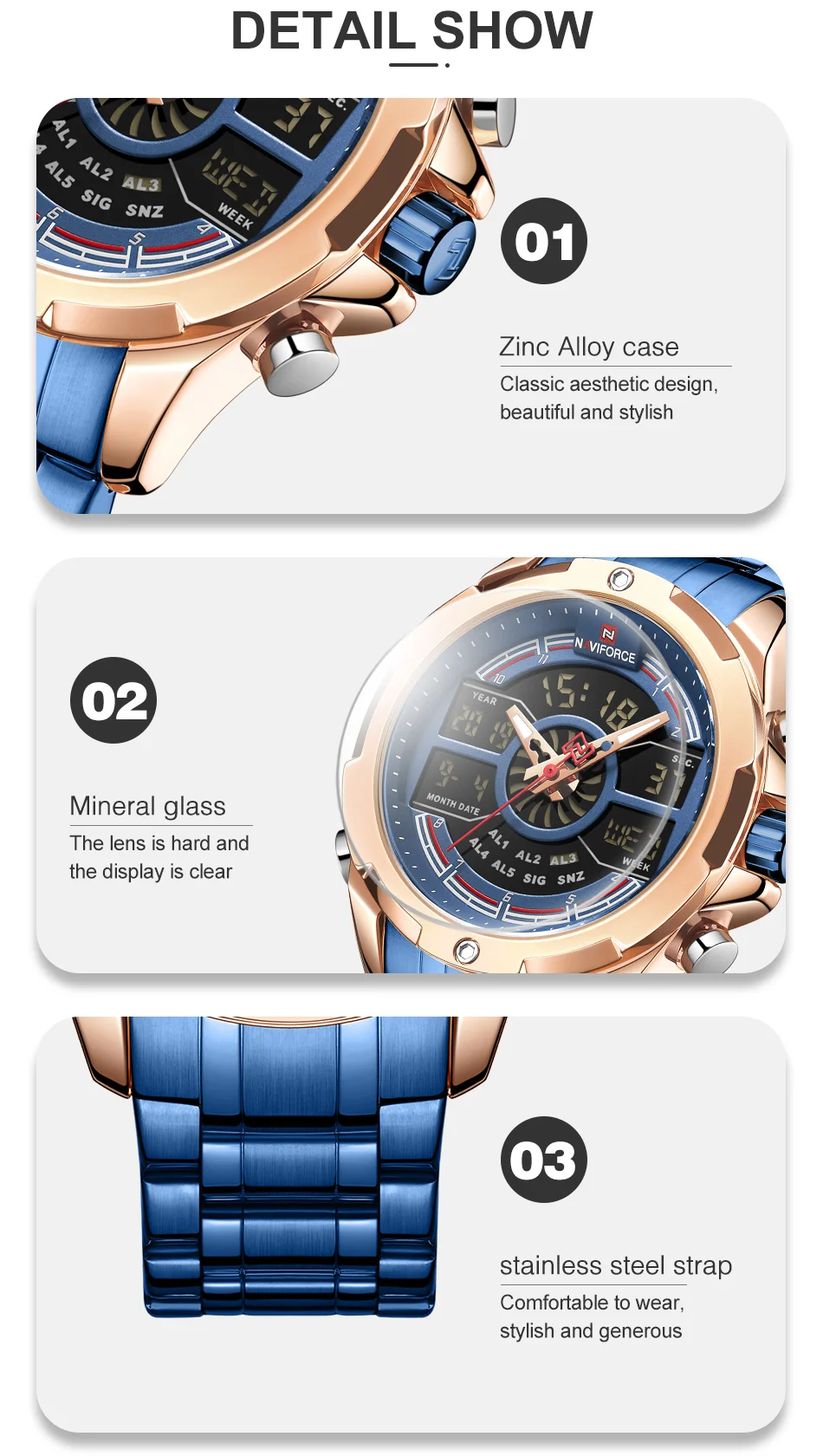 NAVIFORCE Men's Watches Luxury Brand Men Sports Quartz Blue Watch Men Stainless Steel Digital Clock Waterproof Relogio Masculino