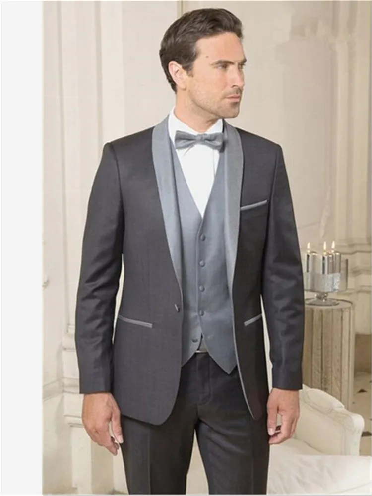 Серый шаль с отворотом мужской костюм Slim Fit смокинг для жениха Выпускной пиджак для костюма Masculino мужские костюмы комплект из 3 предметов(куртка+ брюки+ жилет