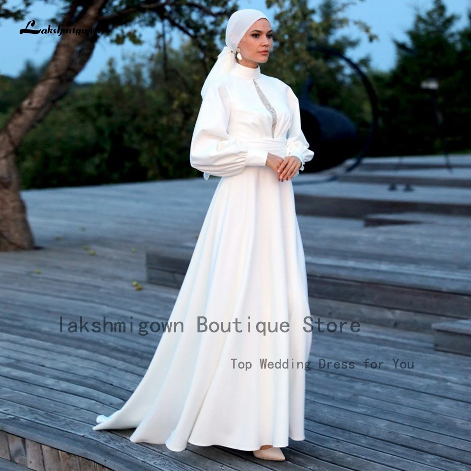 summer wedding guest dress Lakshmigown Elegant Muslim Satin Wedding Dress Long Sleeve 2022 High Neck Suknia Slubna Boho Kaftan Women Wedding Gowns cheap wedding dresses