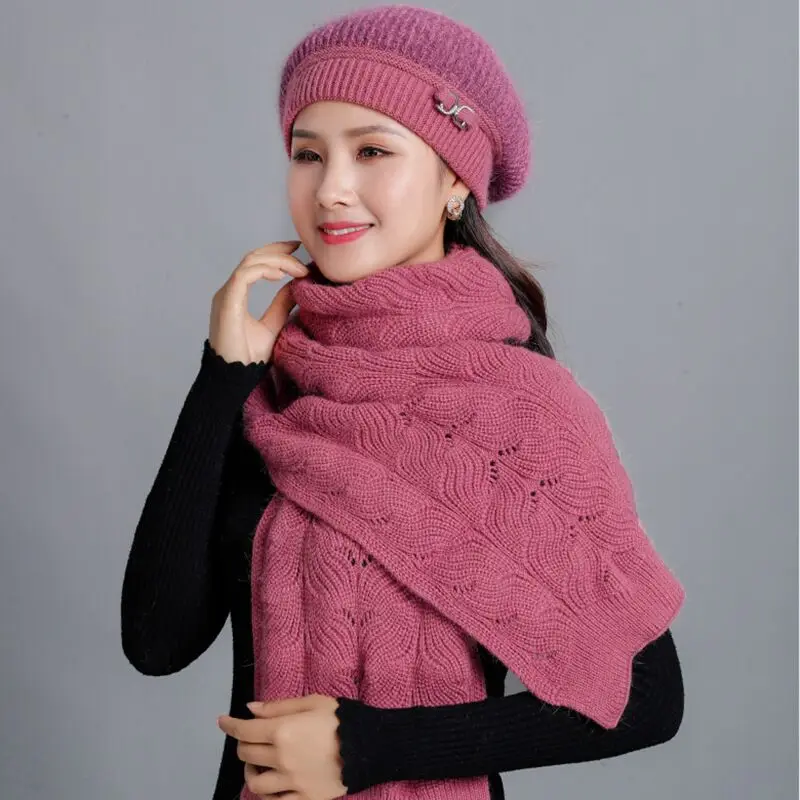 Новинка, женские вязаные шапки, шарф, теплый берет для мамы, зимняя утолщенная двухслойная Повседневная элегантная разноцветная шапка из кроличьей шерсти, женские шапки - Цвет: Leather pink 2pc