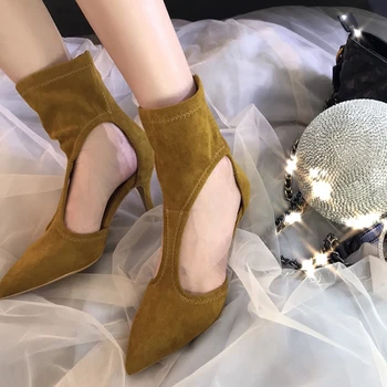 

Pointed Toe Suede Leather Hollow High Heels Zipper New Female Sexy Wild Summer Roman Boots Women Ankle Boots Kid Suede Designers