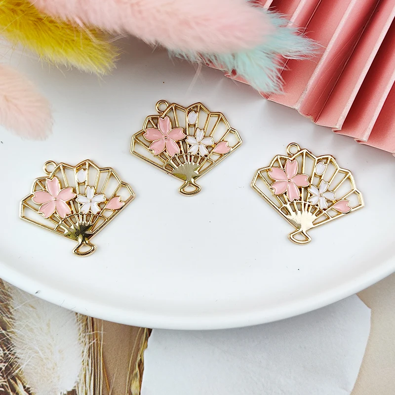 

10pcs Hollow-Out Enamel Cherry Flower Fan Charms Pendants Gold Tone Metal Charm Fit Earrings Bracelet Jewelry DIY Accessory