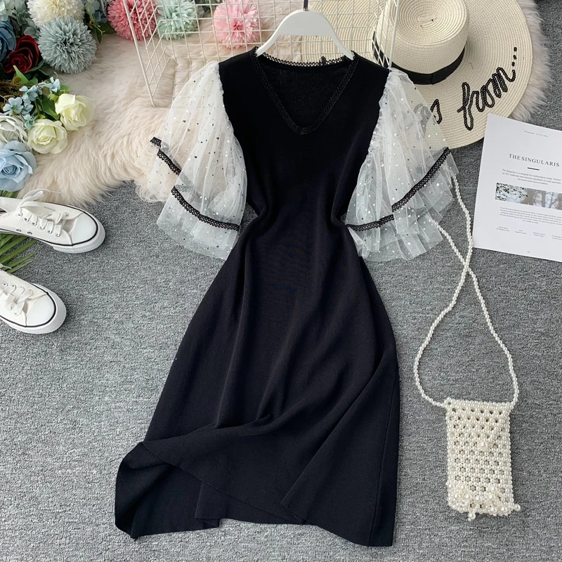 ALPHALMODA/ г., летнее и осеннее трикотажное платье с расклешенными кружевными рукавами в стиле пэчворк милое вязаное платье феи для девочек, Vestidos, приталенное платье - Цвет: Черный