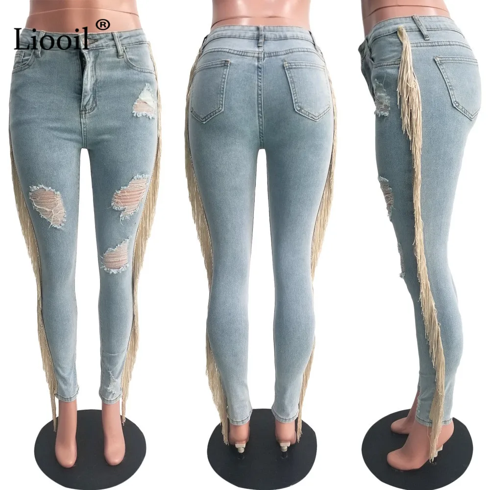 Liooil сексуальные обтягивающие джинсы женские с кисточками с дырками и высокой талией брюки-Карандаш Плюс Размер низ мыть состаренные джинсовые брюки