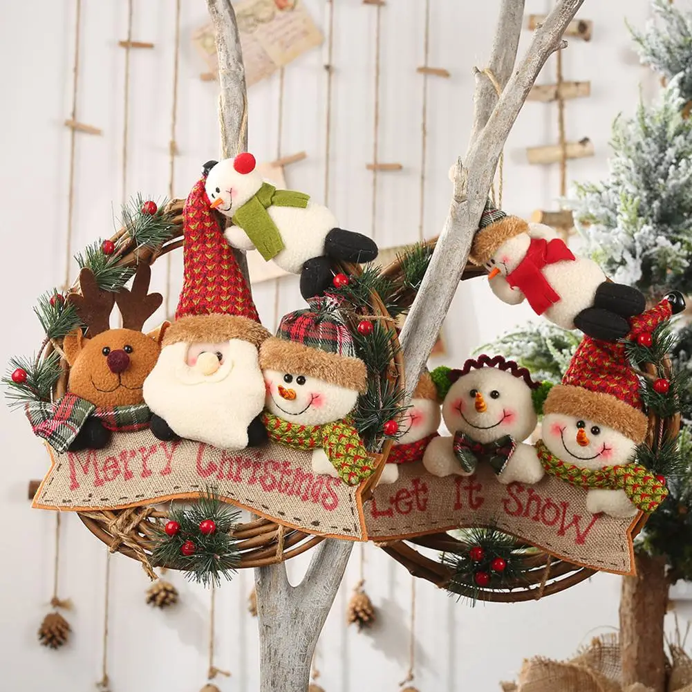

New Year Diameter 29cm Christmas Rattan Circle Santa Claus Snowman Elk Rattan Circle Pendant Rattan Wreath Ornament Decorations