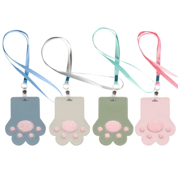 

4pcs PU Card Holder Creative Bear Paw Card Cover with Lanyard for Students(Fog Blue, Beige, Olive Green, Light Pink)