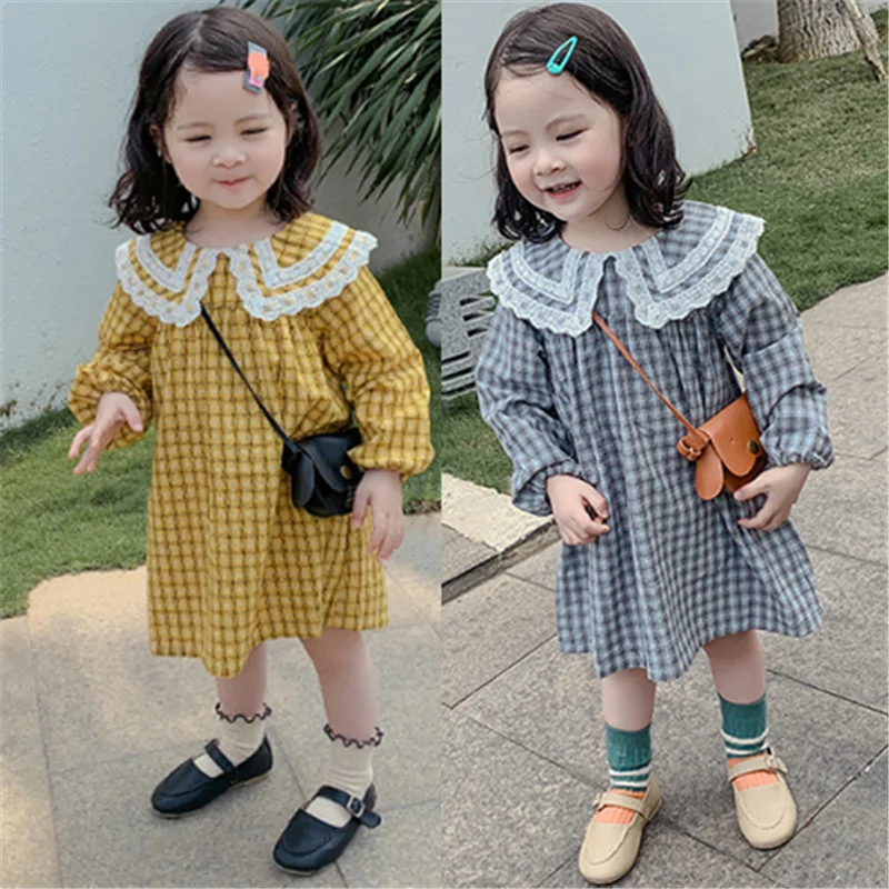 Клетчатое платье с воротником-куклой для девочек; платье принцессы; Новинка 2019 года; сезон осень; детское хлопковое модное Повседневное