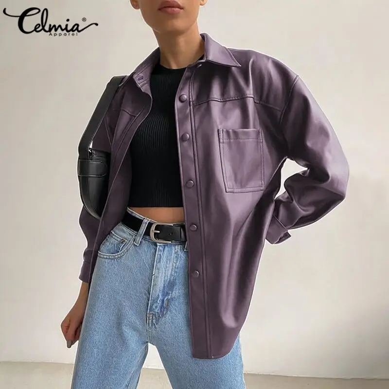 Women's Jacket 2021 Celmia PU Leather Jackets Vintage Party Long Sleeve Coats Autumn Buttons Lapel Casual Solid Work Outerwear