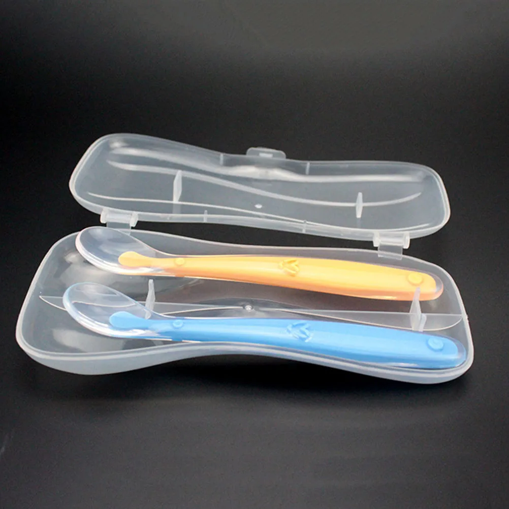 

1/2 Set Baby Feeding Spoons With Storage Case Silicone Training Self Feeding Spoons Infant Kids Dishes Safety Learning Spoons