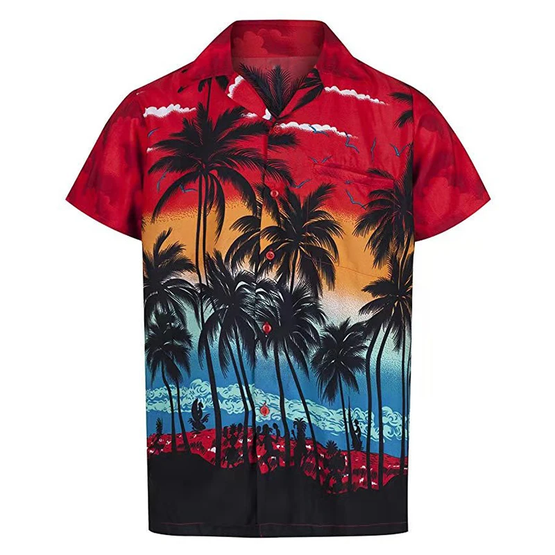 

New Summer Thin Section 2021 Men's Beach Print Casual Short-Sleeved Men's Shirt Lapel Button Seaside Daily Top Colourful Fashion