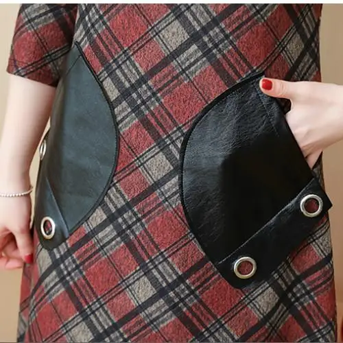 4XL 5XL осеннее Женское шерстяное платье большого размера зимнее клетчатое платье с принтом кожаный карман из искусственной кожи повседневное шерстяное платье с высоким воротом больших размеров