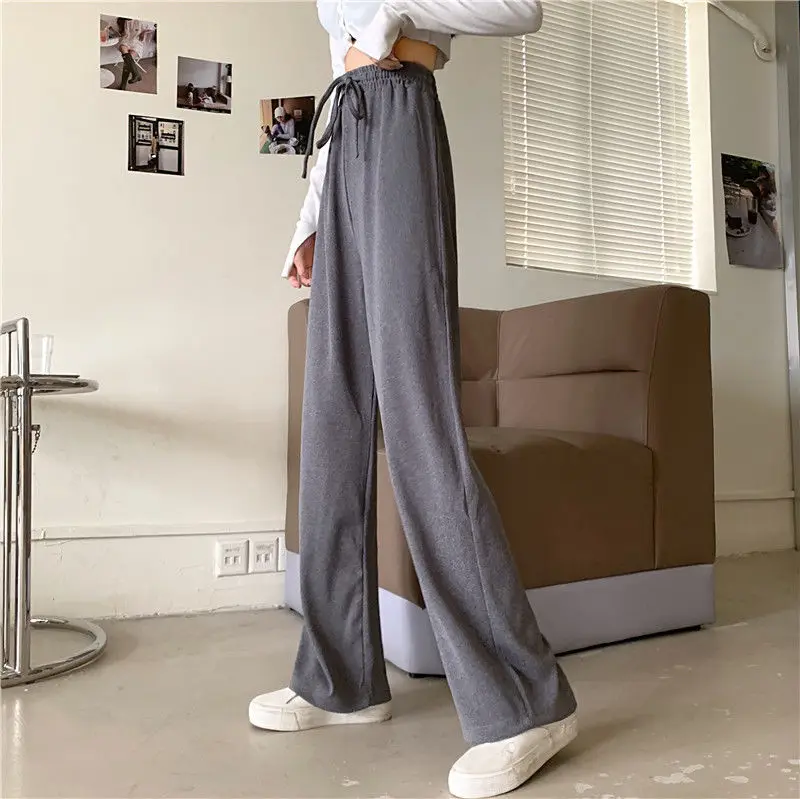 BOXIACEY Casual Pants for Women Loose Solid Color Wide Leg Pants High Waist Straight Long Pants Drawstring Sweatpants 