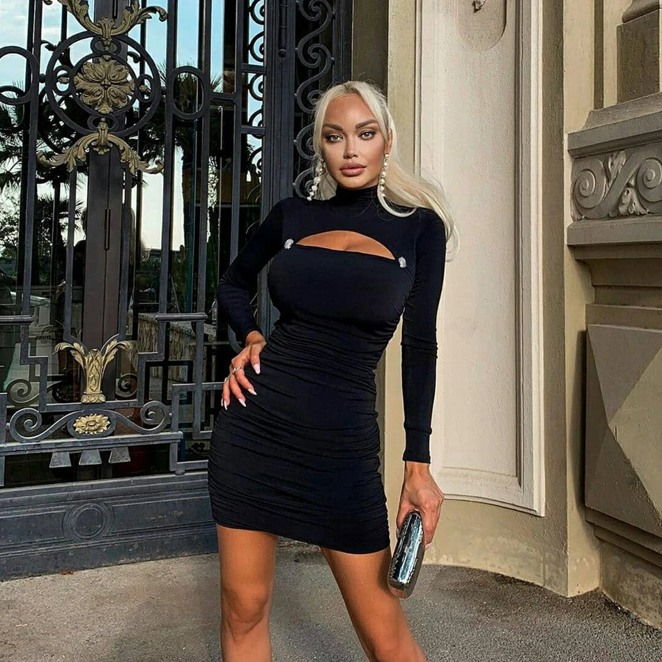 Бандажное зимнее черное облегающее Бандажное платье с длинным рукавом, женское сексуальное открытое мини-платье, вечернее платье знаменитостей Vestidos